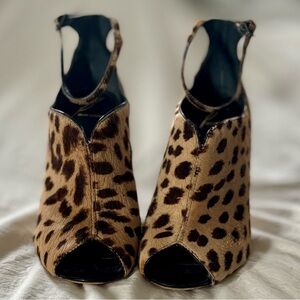 Brian Atwood Leopard Calf Hair Open Toe Booties, 7